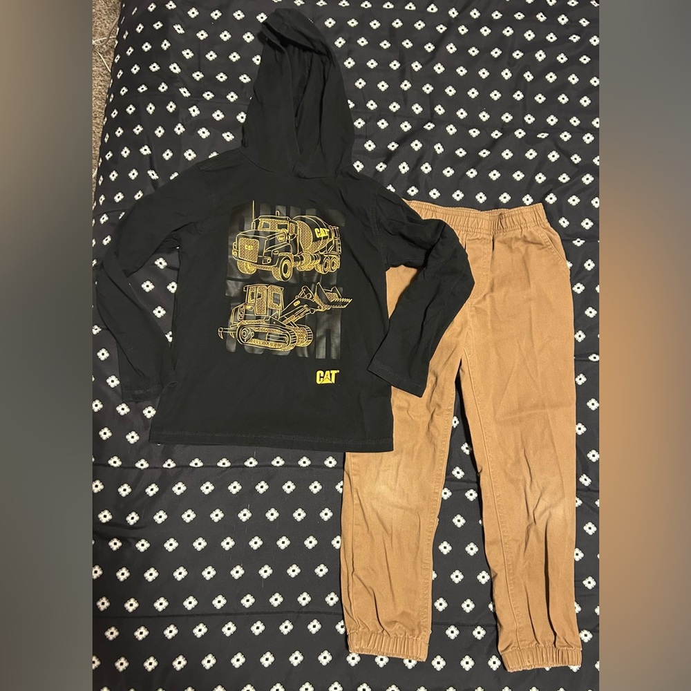 CAT Black Hoodie and Tan Pants Set